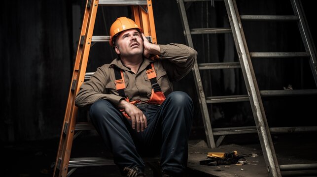 Worker in construction helmet fell from ladder. Acsident at work. The worker falling down while working