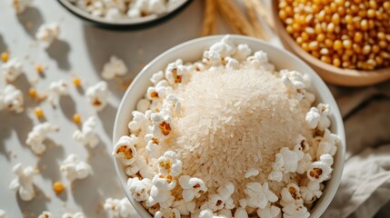 Obraz na płótnie Canvas Popcorn, rice, wheat in a white plate, shining light, high view