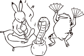 鳥獣戯画　うさぎが蛇使いになってカエルと遊ぶイラストレーション