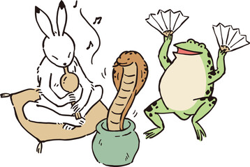 鳥獣戯画　うさぎが蛇使いになってカエルと遊ぶイラストレーション