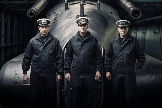Officers crew of three men standing near the submarine ship and looking at camera. Generative AI