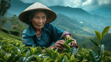 Vietnamese old woman Picking tea leaves high in the mountains There are worms eating young tea leaves. - obrazy, fototapety, plakaty