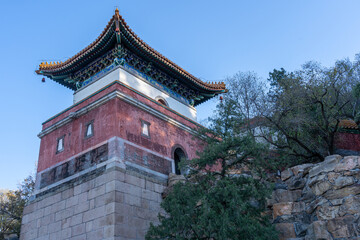 High towers of a Chinese old cultural palace with antique, traditional, and multicultural elements of architectural designs.
