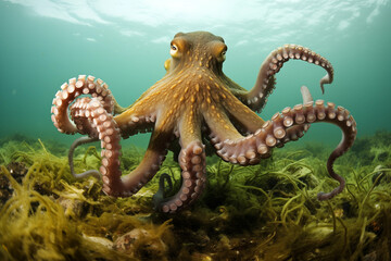 Obraz premium Big octopus during a hunting sequence underwater. Generative AI