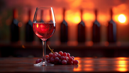 Red wine in a glass with grapes and bottles in golden twilight. - obrazy, fototapety, plakaty