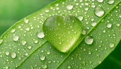 green leaf with heart-shaped water drops