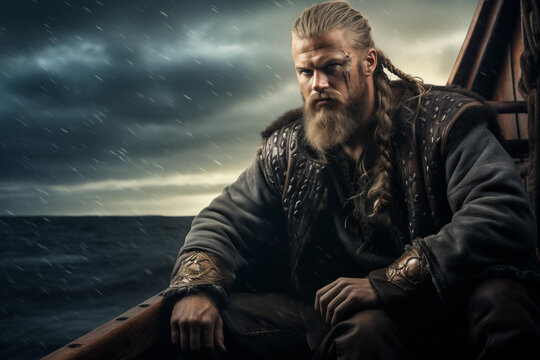 Severe serious viking sitting in boat in storm. Generative AI