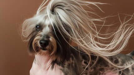 Naklejka premium A dog with long hair blowing in the wind in style of fashion editorial. Dog coat on dark background. Grooming