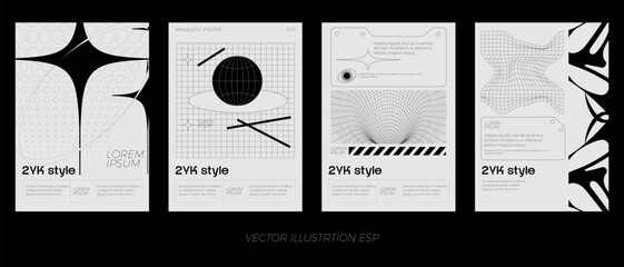 Acid digital graphic design in monochrome style, minimalist posters. Gothic elements for design. 2YK style. © Daryna
