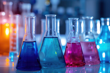 Colorful chemical liquid are divided into several different laboratory glassware