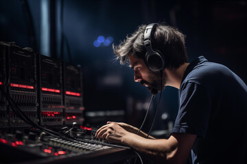 Audio engineer using headphones to identify and fix audio issues during a live performance. Generative AI - obrazy, fototapety, plakaty