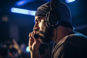 Audio engineer using headphones to identify and fix audio issues during a live performance. Generative AI