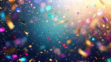 Abstract festive background with glitter, confetti, ribbons and free place for text. New Year, Christmas, birthday, holiday celebration banner - obrazy, fototapety, plakaty