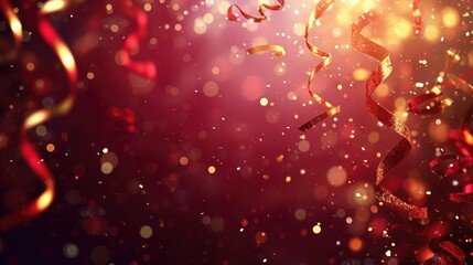 Abstract festive background with glitter, confetti, ribbons and free place for text. New Year, Christmas, birthday, holiday celebration banner