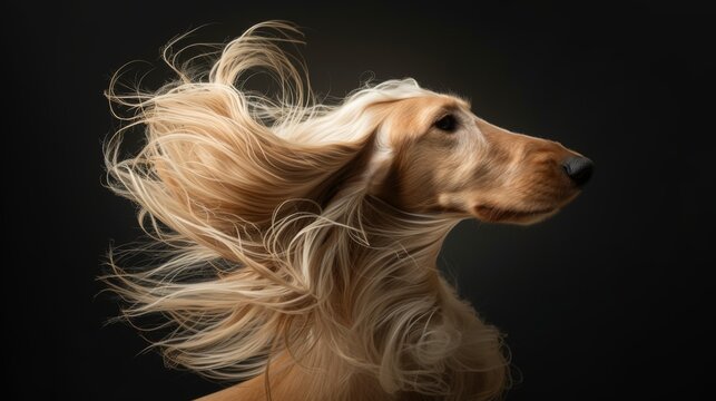 A dog with long hair blowing in the wind in style of fashion editorial. Dog coat on dark background. Grooming
