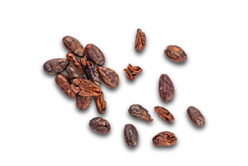 Fototapeta premium Top view pile of dry roasted cacao nibs isolated on white background with clipping path.