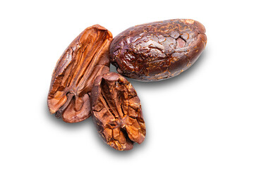 Top view closeup of dry roasted cacao nibs isolated on white background with clipping path.
