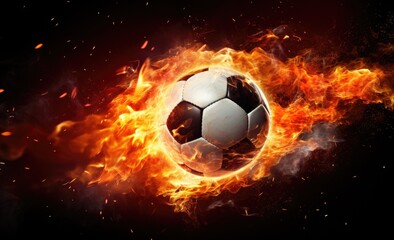 A soccer ball engulfed in flames against a dark black backdrop.