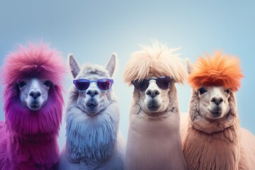 A lively group of llamas, all wearing sunglasses and wigs, posing playfully for the camera.