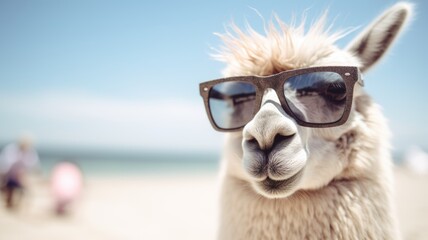 A llama wearing sunglasses up close, exuding style and uniqueness with its fashionable eyewear.