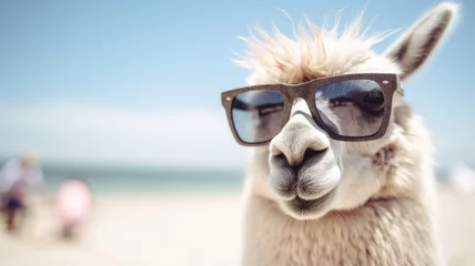 Gordijnen A llama wearing sunglasses up close, exuding style and uniqueness with its fashionable eyewear. © pham
