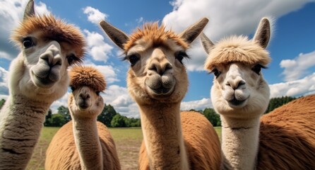 A group of llamas gathered together, standing side by side in a close-knit formation.