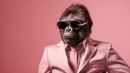 A monkey dressed in a suit and wearing sunglasses stands upright, displaying a humorous and unique sight.