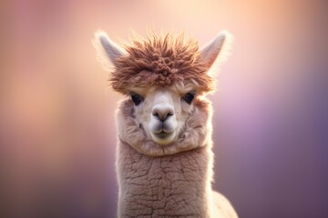 Fototapeta premium A detailed view of a llamas face showcasing its unique hairdo.