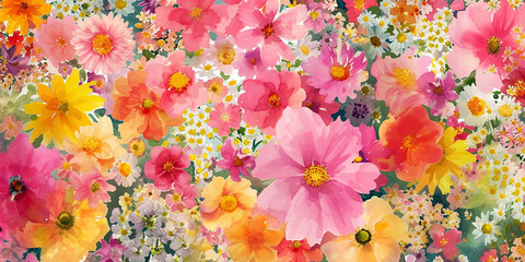 Sunny watercolour background with flowers of the European summer. AI generative.