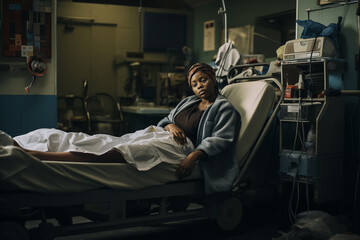 Sad woman laying on bunk in hospital. Generative AI