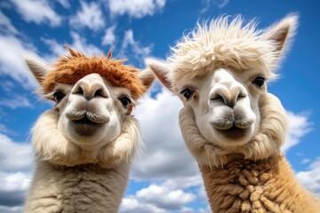 Fototapeta premium A couple of llamas stand next to each other in a field, displaying their unique physical features and gentle demeanor.