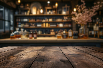 Wood Table against Blurred Perfume Paradise Boutique Background