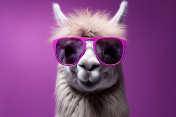A llama poses with sunglasses on a vibrant purple background.