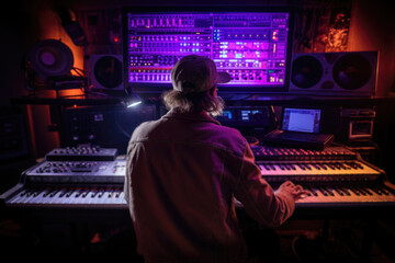 A man sits in front of a mixing desk, adjusting the sound levels and settings of various audio equipment.