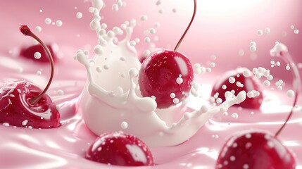 Obraz na płótnie Canvas Fresh cherry berries with milk splashes. Milkshake or smoothie healthy food background
