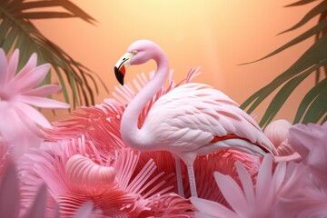 A pink flamingo stands tall amidst a field of vibrant pink flowers, creating a striking visual contrast.