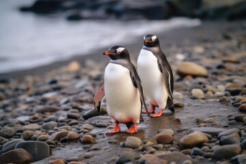 Obraz premium Two penguins stand on a rocky beach beside the ocean, showcasing their natural habitat.