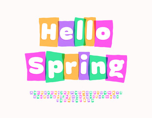 Vector funny Emblem Hello Spring. Playful bright Font. Modern Alphabet Letters and Numbers.