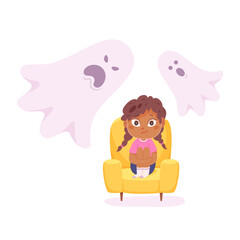 Kids fears vector illustration. Scared crying girl afraid of ghost. Childish phobia. Frightened cartoon young female character. Kid psychologic support