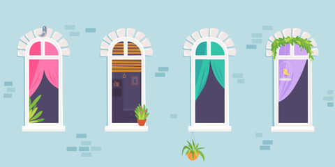 Brick home facade with open windows of neighbors vector illustration. Cartoon house apartments with jalousies, curtains and plants in city building exterior