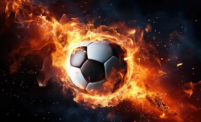 A soccer ball is situated in the midst of a raging fire, emanating intense heat and glowing flames.