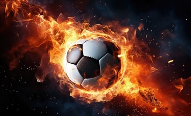 Fototapeta premium A soccer ball is situated in the midst of a raging fire, emanating intense heat and glowing flames.