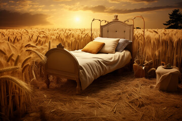 Comfortable bed with soft pillow, linen bedclothes in wheat field. Generative AI