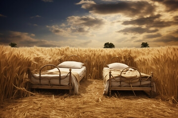 Two beds in wheat agricultural field at sunset. Generative AI