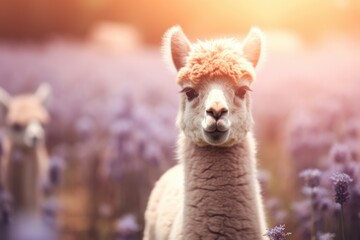 A llama stands among a vibrant field of lavender flowers, creating a colorful and unique scene.