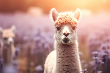 Fotobehang A llama stands among a vibrant field of lavender flowers, creating a colorful and unique scene. © pham