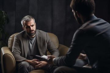 Fototapeta premium Psychologist consulting stressed male client. Generative AI