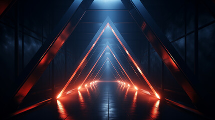 3d rendering of dark abstract sci-fi tunnel, Futuristic triangle spaceship corridor. , glowing lines, neon lights, abstract psychedelic background, ultraviolet, vibrant colors High quality photo