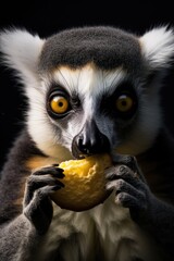 Naklejka premium A detailed view of a monkey up close as it eats a piece of food.