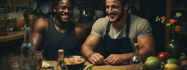 Fototapeta na wymiar men celebrate their male friendships concept. two smiling men communicate with each other at the table. banner